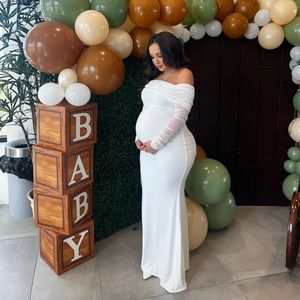 Pretty Perfect White Maternity Ruched Mesh Bardot Maxi Dress US8 White